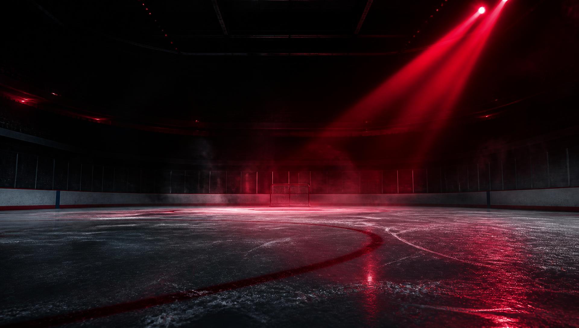 Dark NHL arena ice rink lit by red spotlights